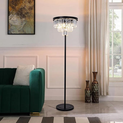Wellmet 4 Lights Black Floor Lamp, Modern 3 Tiers Crystal Standing Lamp for Living Room Bright Lighting, Elegant Tall Crystal Floor Lamp with Foot Switch for Reading Room, Bedroom, Office (E12 Base)