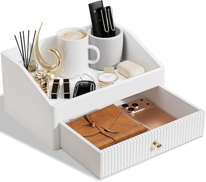 Desk Accessories,Beige White Vegan Leather Office Organizer with 1 Drawer & Tray,Pen Holder with Gold-Tone Metal Accents Knob,Bedroom.