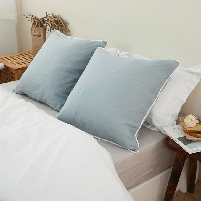 Simple&Opulence 100% Linen Euro Sham Covers with Piping Trim, 26"x26" Pillow Cover Set of 2, Breathable Pillow Shams for Bed Couch Decorative Cushions, Dusty Blue