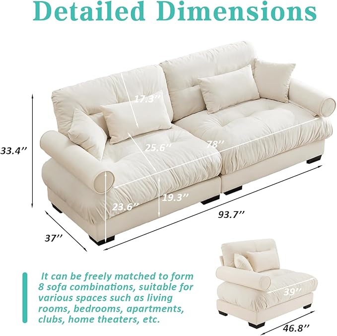 SoarFlash Living Room Velvet Recliner Sofa Small Sofa, Loveseat for Apartment, Storage Sofa with Solid Wood Frame, Easy to Install (93.7inch, Beige)