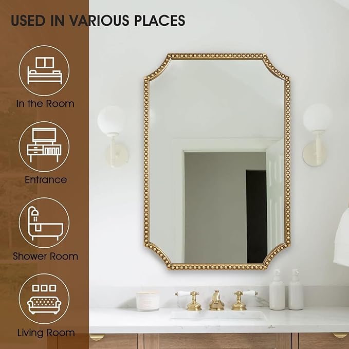 24"x36" Mirror for Wall, Scalloped Corners Rectangle Decorative Mirror, Metal Beaded Frame Accent Wall Decor for Bathroom, Entryway, Mantel, Antique Gold