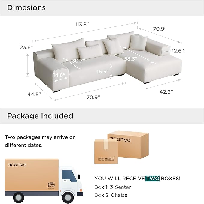 Acanva Modern Oversized Modular L Shaped Sectional Sofa Set for Living Room, Minimalist Style Comfy 4-Seat Corner Couch, Right Chaise, Wool-Like