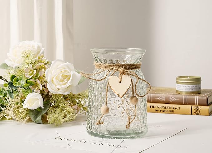 YJ Fake Flowers with Vase, Silk Roses Artificial Flowers in Vase, Faux Flower Plant Arrangement Suitable for Home Office Decoration, White