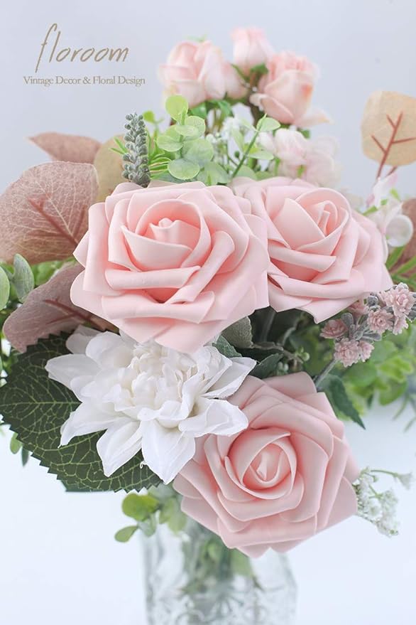 Floroom Artificial Flowers 50pcs Real Looking Blush Foam Fake Roses with Stems for DIY Wedding Bouquets Pink Bridal Shower Centerpieces Floral Arrangements Party Tables Home Decorations