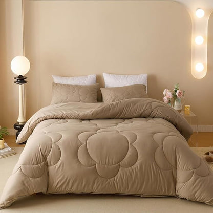 CLOTHKNOW Khaki Daisy Puff Comforter Set Twin/Twin XL Champagne Bedding Comforter Sets Floral Comforter Boho Bedding Sets Taupe Bed Comforter Sets Soft