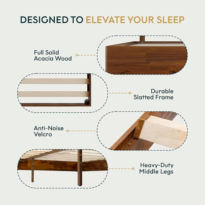 Bme Nipe Bed Frame with Headboard, Bohemian and Mid-Century Modern Style, Solid Acacia Wood Platform Bed with Slat Support, No Box Spring Needed, Easy Assembly, Queen - Dark Chocolate