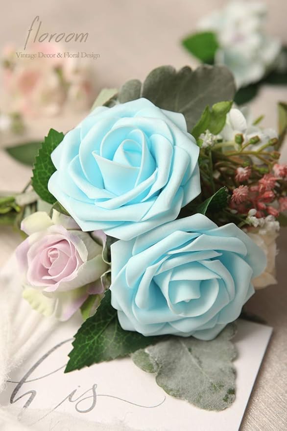 Floroom Artificial Flowers 50pcs Real Looking Aqua Blue Foam Fake Roses with Stems for DIY Wedding Bouquets Bridal Shower Centerpieces Floral Arrangements Party Tables Home Decorations