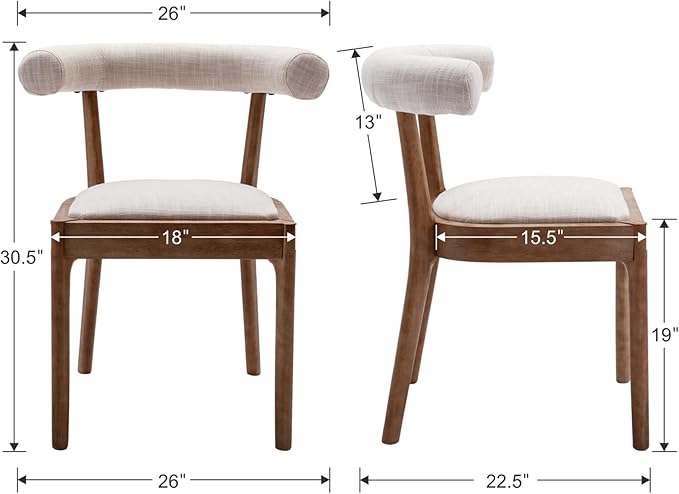 Wood Dining Chairs Set of 2, Mid Century Modern Living Room Chairs with Unique Curved Open Back Comfy Linen Upholstered Side Chair for Kitchen/Restaurant/Reception, Beige