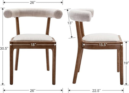 Wood Dining Chairs Set of 2, Mid Century Modern Living Room Chairs with Unique Curved Open Back Comfy Linen Upholstered Side Chair for Kitchen/Restaurant/Reception, Beige