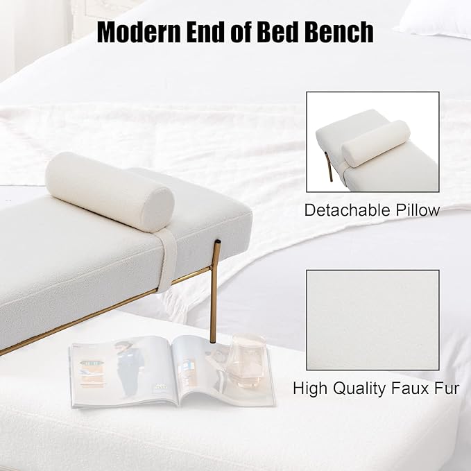 Modern End of Bed Bench, Upholstered Entryway Bench with Detachable Pillow for Living Room, Faux Fur Ottoman Bench with Gold Metal Legs, Comfy Cushion Bedroom Decoration Benches (White)