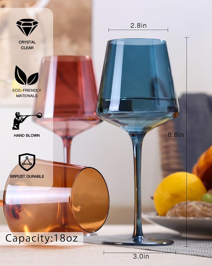 Hand Blown Colored Wine Glasses Set of 6-18oz Multi Colored Square Wine Glasses with Tall Long Stems and Flat Bottom,Crystal Colorful Wine Glass-Wedding,Birthday Gifts Gifts