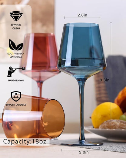 Hand Blown Colored Wine Glasses Set of 6-18oz Multi Colored Square Wine Glasses with Tall Long Stems and Flat Bottom,Crystal Colorful Wine Glass-Wedding,Birthday Gifts Gifts
