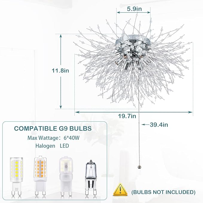 HMVPL Crystal Flush Mount Ceiling Light Fixture with Pull Chain On/Off Switch, LED Close to Ceiling Lamp, Pull Chain Light Fixture Ceiling Mount, Modern Crystal Chandelier for Kitchen Bedroom Entryway
