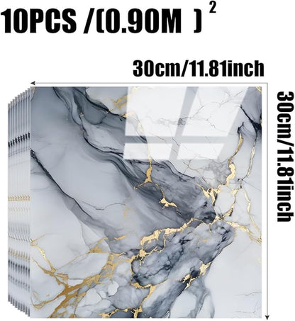 10pcs Marble Peel and Stick Backsplash Waterproof Washroom Wall Panels, Peel and Stick Tile, PVC Foam Wall Panels for Kitchen,Bathroom,Living Room,Blue and Gold(Not Real Tile,11.8" x 11.8")