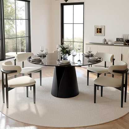 POVISON Glass Round Dining Table for 6, Modern Dining Table 59" Dining Room Table Round Black Glass Top with Solid Black Carbon Steel Base for Kitchen(Table Only)