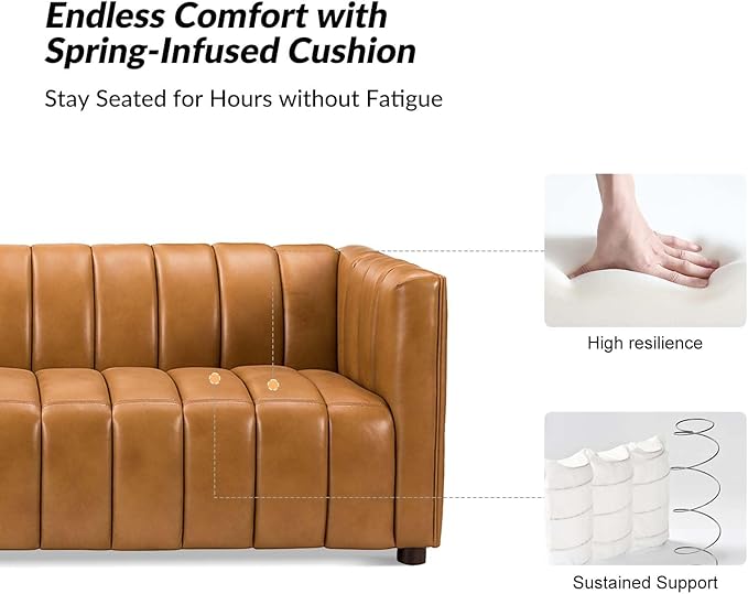 HULALA HOME 83" Genuine Leather Sofa with Channel Tufted Design, 3-Seater Sofa for Living Room Bedroom, Modern Oversized Couch with Wood Legs, Camel