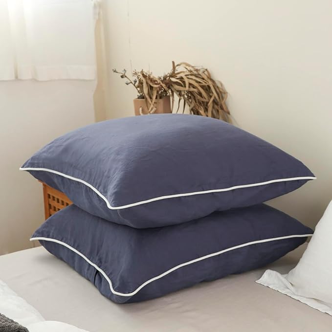 Simple&Opulence 100% Linen Euro Sham Covers with Piping Trim, 26"x26" Pillow Cover Set of 2, Breathable Pillow Shams for Bed Couch Decorative Cushions, Classic Blue