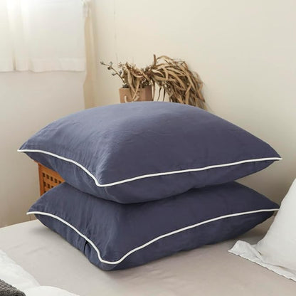 Simple&Opulence 100% Linen Euro Sham Covers with Piping Trim, 26"x26" Pillow Cover Set of 2, Breathable Pillow Shams for Bed Couch Decorative Cushions, Classic Blue