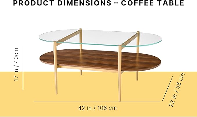 AGV LIGHTING Oval Rectangle Coffee Table with Clear Glass Top, Mid-Century Modern Coffee Table, Walnut MDF Shelf and Glod Metal Legs, Capsule Shape 2 Tier Coffee Table for Living Room, 42 Inch