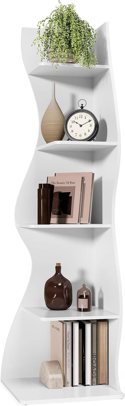 LITTLE TREE 70-Inch Corner Shelf, Seaweed Shaped Etagere Display Bookshelf, Freestanding 5-Tier Wall Shelves for Small Spaces, Living Room, Bedroom, White, 1 Pack
