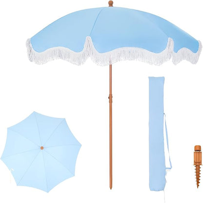 PHI VILLA 7ft Beach Umbrella with Fringe & Sand Anchor, Outdoor Patio Heavy Duty Windproof Portable Tassel Umbrellas for Sand with Push Button Tilt & Carrying Bag, UPF 50+, Light Blue (No Base)