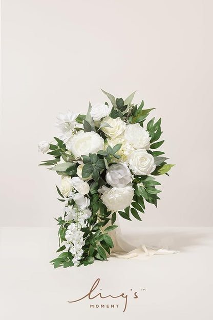 Ling's Moment White Bridal Bouquet Cascading, Ivory Wedding Bouquets for Bride, 15 Inch Bride Bouquets for Wedding Artificial Flowers Bouquets