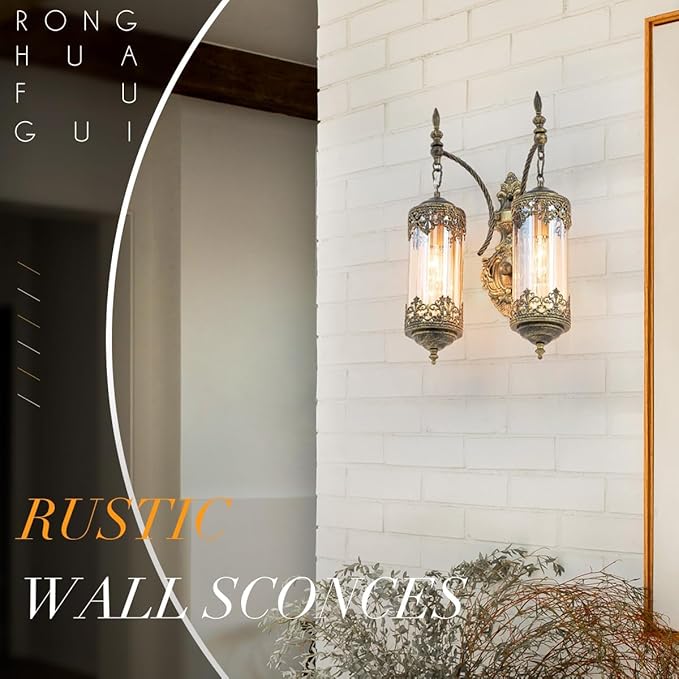Rustic Wall Sconce with Amber Glass Vintage 2-Lights Antique Gothic Wall Light Fixture Retro Mid Centry Lantern Wall Sconce for Bedroom, Living Room, Mirror, Brush Gold, E12