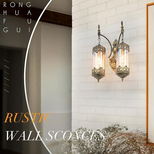 Rustic Wall Sconce with Amber Glass Vintage 2-Lights Antique Gothic Wall Light Fixture Retro Mid Centry Lantern Wall Sconce for Bedroom, Living Room, Mirror, Brush Gold, E12