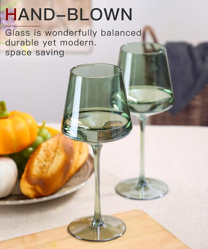 Green Wine Glasses Set of 6-18oz Colored Square Wine Glasses with Tall Long Stems and Flat Bottom,Crystal Colorful Wine Glass-Unique Gifts for Wine Lovers,Wedding,Engagement Gifts (Light Blue Sea)