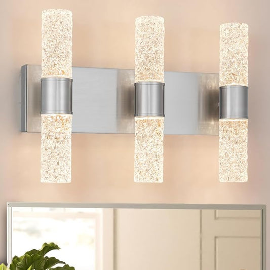 Modern Vanity Light, LED Vanity Light Fixture Brushed Nickel, Crystal Bathroom Lighting Fixtures over Mirror, Wall Lighting Fixtures for Bath, Wall Sconce for Bedroom Living Room, 27W 3000K Warm White