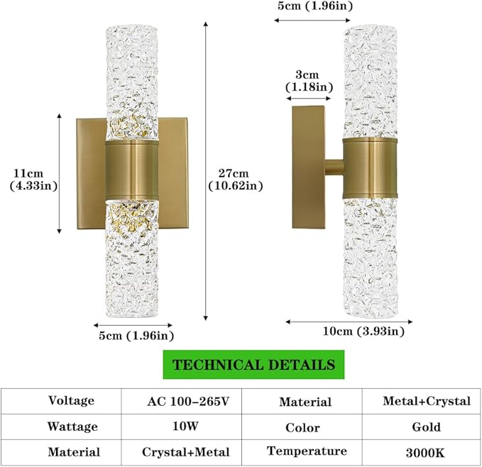 Crystal LED Wall Sconces Set of 2, Brushed Gold Bathroom Light Fixtures, Modern Bathroom Sconce Lights with Wired LED for Bedroom,Living Room,Hallway | Gold Vanity Wall Lighting & Crystal Wall Decor