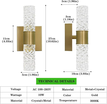 Crystal LED Wall Sconces Set of 2, Brushed Gold Bathroom Light Fixtures, Modern Bathroom Sconce Lights with Wired LED for Bedroom,Living Room,Hallway | Gold Vanity Wall Lighting & Crystal Wall Decor