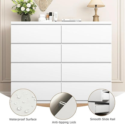 Dresser for Bedroom,Modern Large Wood Dresser,8 Chest of Drawers,Living Room,Hallway,Entryway,TV Stand Drawer Organizer(White)