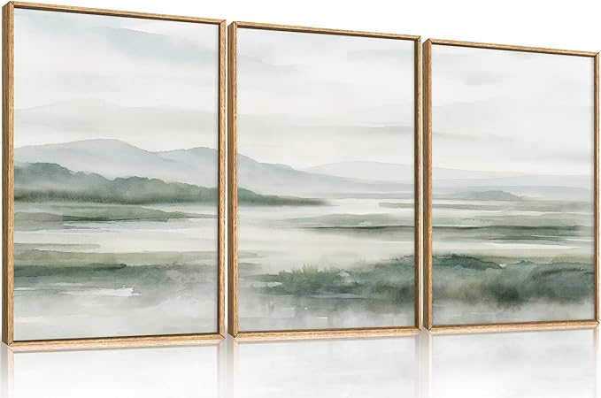 HOURIA Large Watercolor Misty Green Mountain Framed Canvas Wall Art,Neutral Brush Stroke Wall Decor,Modern Landscape Artwork,Nature Minimalist Art Print for Living Room,Bedroom,Office-16 x24 x3