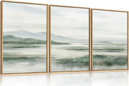 HOURIA Large Watercolor Misty Green Mountain Framed Canvas Wall Art,Neutral Brush Stroke Wall Decor,Modern Landscape Artwork,Nature Minimalist Art Print for Living Room,Bedroom,Office-16 x24 x3