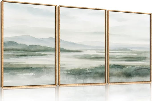 HOURIA Large Watercolor Misty Green Mountain Framed Canvas Wall Art,Neutral Brush Stroke Wall Decor,Modern Landscape Artwork,Nature Minimalist Art Print for Living Room,Bedroom,Office-16 x24 x3