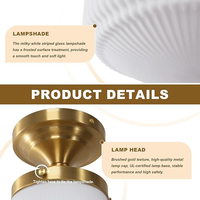 Mid Century Modern Flush Mount Ceiling Light Fixture Vintage Milk Glass Gold Close to Ceiling Lamp Schoolhouse Ceiling Light for Hallway Farmhouse Bedroom Kitchen