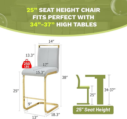 Counter Height Bar Stools Set of 4,Bar Stools with Back,25" Light Grey Island Chairs with Gold Chrome Plated Metal Leg,Faux Leather Barstools for Pub Kitchen Counter Dining Chair