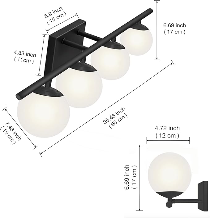New Bathroom Vanity Light Fixtures Matte Black Milk White Globe Glass Shade 4 Lights Modern Wall Bar Sconce Over Mirror(4 lights-35.43inch)