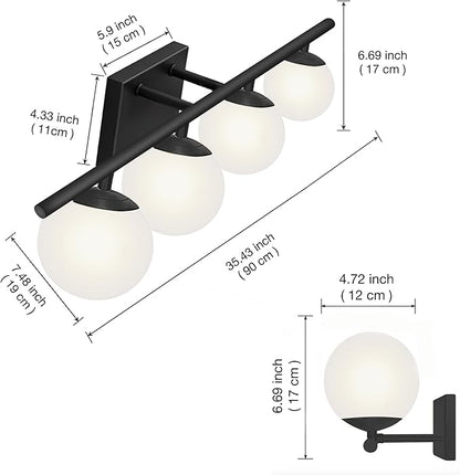 New Bathroom Vanity Light Fixtures Matte Black Milk White Globe Glass Shade 4 Lights Modern Wall Bar Sconce Over Mirror(4 lights-35.43inch)