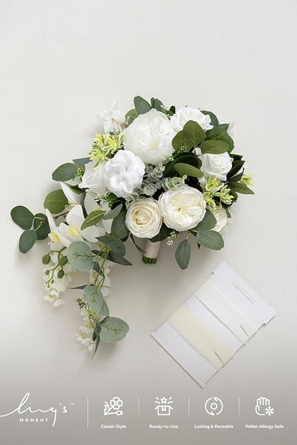 Ling's moment White Bridal Bouquet Cascading, White Wedding Bouquets for Bride, 13 Inch Ivory Bride Bouquets for Wedding Artificial Flowers Bouquets