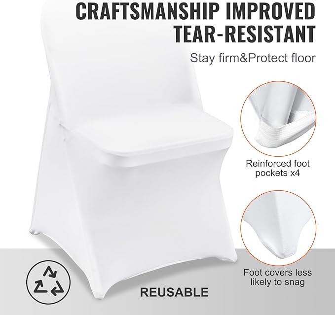 VEVOR Stretch Spandex Folding Chair Covers, Universal Fitted Chair Cover, Removable Washable Protective Slipcovers, for Wedding, Holiday, Banquet, Party, Celebration, Dining (50PCS White)