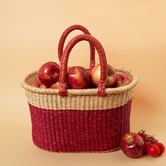 Large Woven Market Basket, Harvesting, Gardening, Picnic Basket, Foraging, Farmers, Fruit Picking, Shopping Tote, Groceries, Handmade, Boho, African, Ghana, Bolga, Leather Handle, 12" Wide, Oval, Cranberry