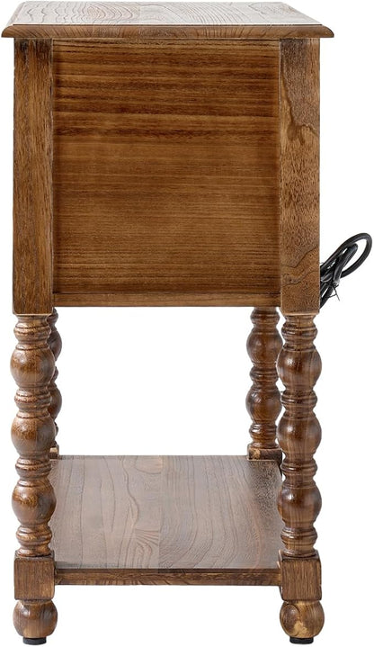 HULALA HOME Farmhouse Storage End Table with 2 Drawers and Open Shelf, Solid Wood Side Table with Spindle Legs, Nightstand with Charging Station (Walnut)