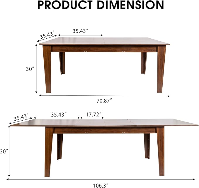 71''- 106'' Extendable Dining Room Table, Expandable Dining Table, Modern Large Table, for 6-10 Person, Walnut Brown