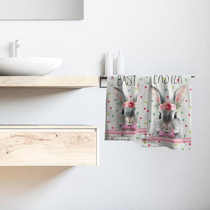 Easter Rabbit Hand Towels 2 Pack Pink Mrs Rabbit Decorative Holiday Fingertip Towels Soft Absorbent Kitchen 14x28