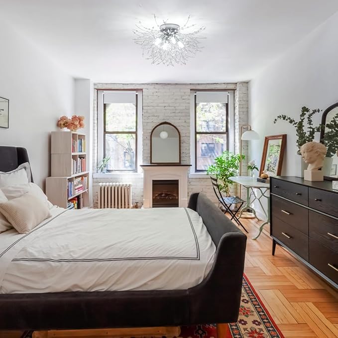 HMVPL Chrome Crystal 4-Light Mini Firework Ceiling Light Fixture, Modern Sputnik Chandelier, Suitable for Bedroom, Kitchen, Hallway, Closet, Dining Room