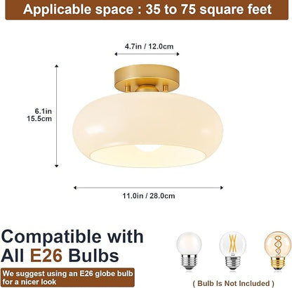 Mid-Century Modern Gold Semi Flush Mount Ceiling Light, Kitchen Ceiling Light Fixture with Glass Shade, Vintage White Close to Ceiling Lamp for Entryway Hallway Bathroom (11.0 Inch)