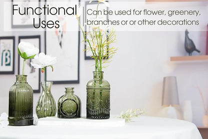 12pcs Green Glass Bud Vases Set, Small Vases for Flowers, Bud Vase for Centerpieces in Bulk, Mini Vintage Vase for Wedding Decorations, Office and Home Table Flower Décor