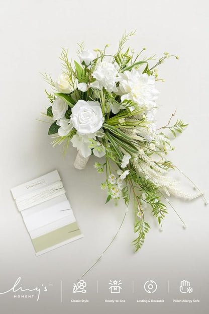 Ling's moment White Green Bridal Bouquet for Bride, White Green Wedding Bouquets for Bride, 13 Inch Bride Bouquets for Wedding Artificial Flowers Bouquets